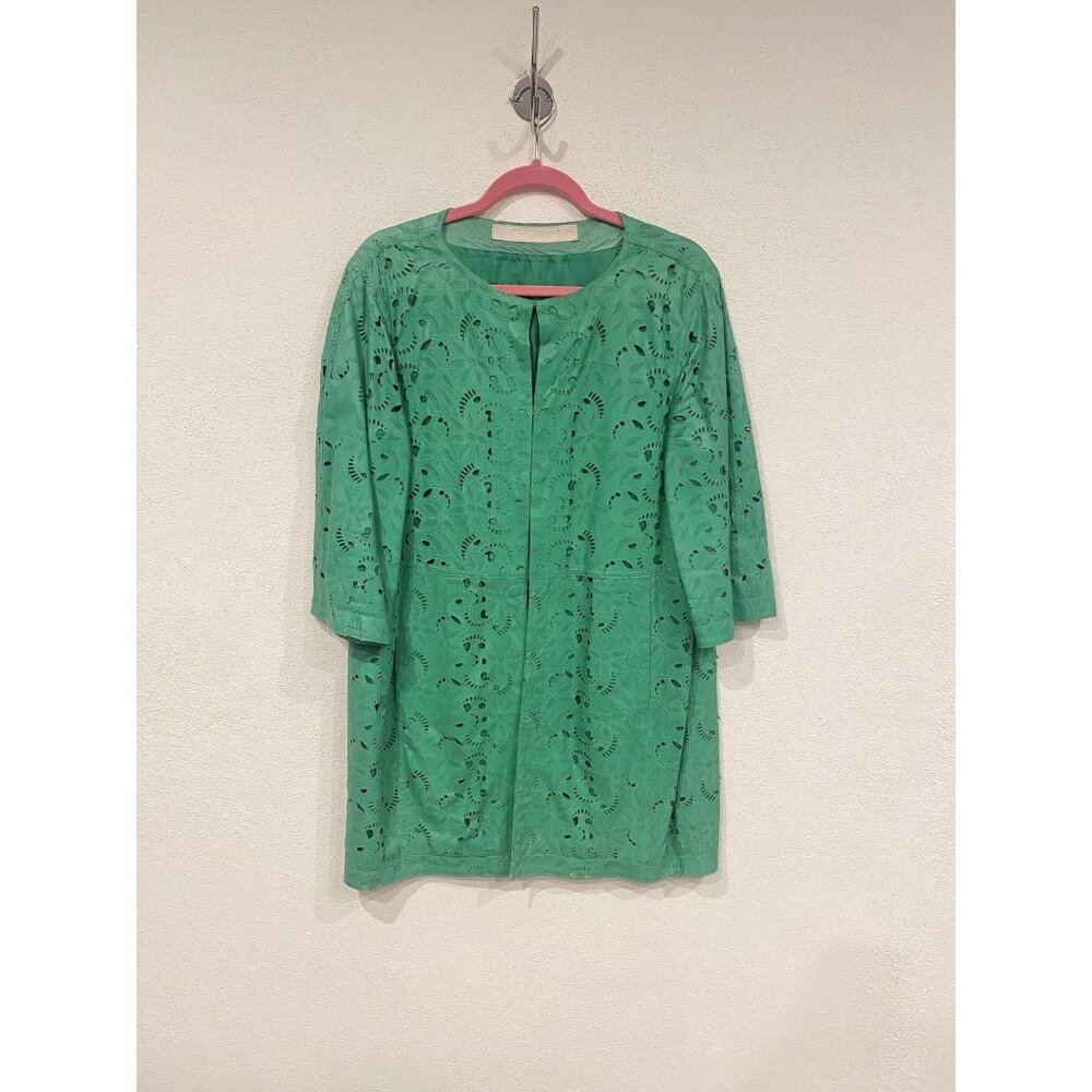 DRÔME Jacket Womens Large Green Aloe Laser Cut Leather Open Front Italy Boho